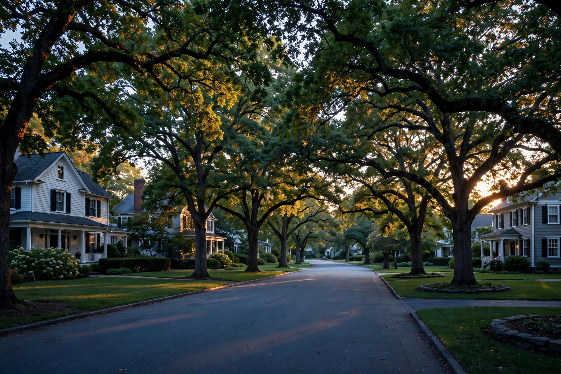 A quiet, tree-lined residential street with classic homes in evening light